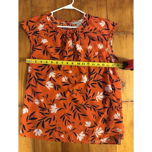 Daniel Rainn Top Pullover Orange Floral Print Ruched Neckline - Size Large - Picture 6 of 6